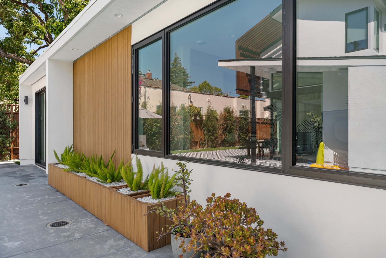 Side yard of the detached ADU, along its white-stucco and cedar-clad wall: a long window opens to the interior, a wood planter box runs below with ferns and succulents.
