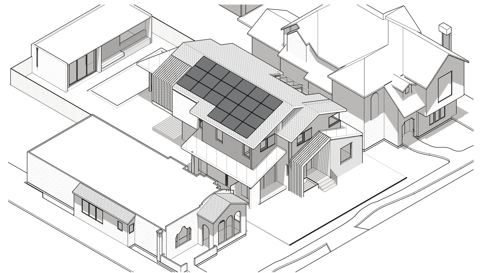 Axonometric drawing of the Cabrillo Avenue residence and detached ADU, showing massing, roof planes, and solar panels.