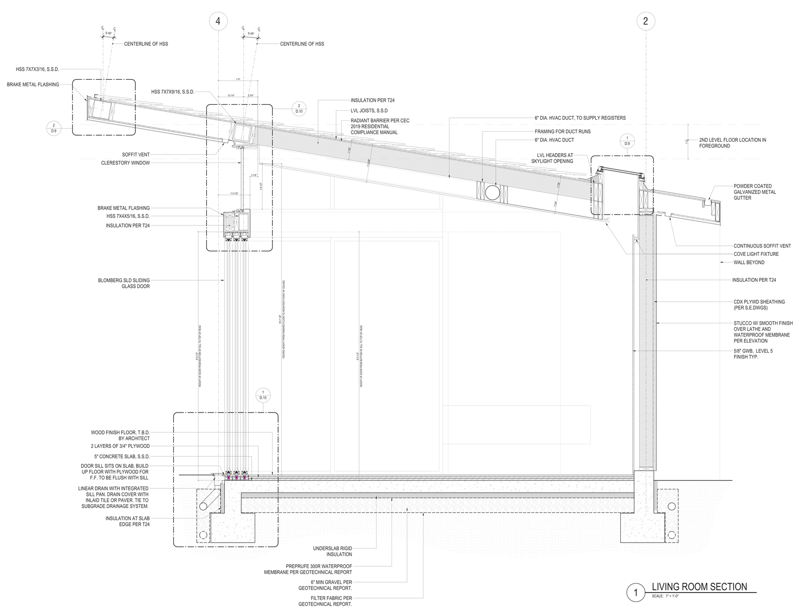 Architectural section drawing through the living room roof and wall assembly, with dimension strings and a title block reading Living Room Section, scale one inch equals one foot.