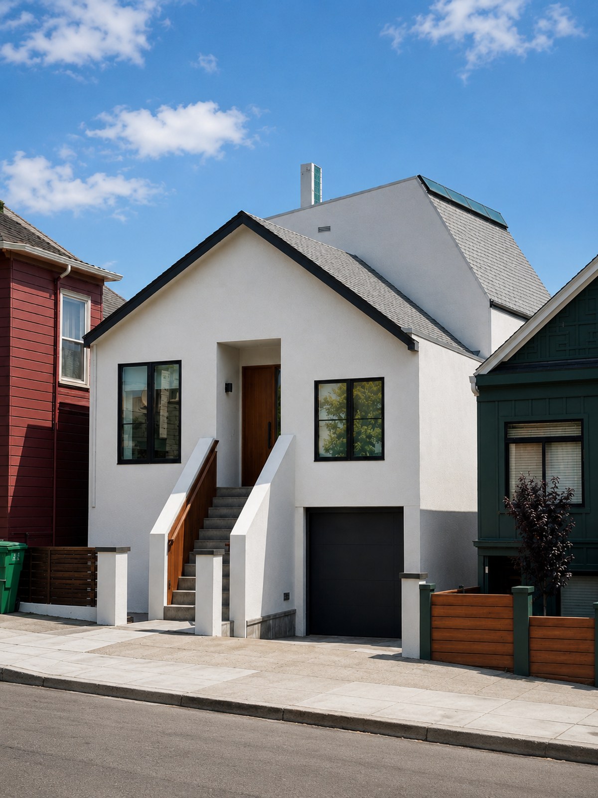 Wisconsin Street front exterior: a modern white-stucco volume with a peaked metal-clad roof and skylight, set beside a green craftsman neighbor.