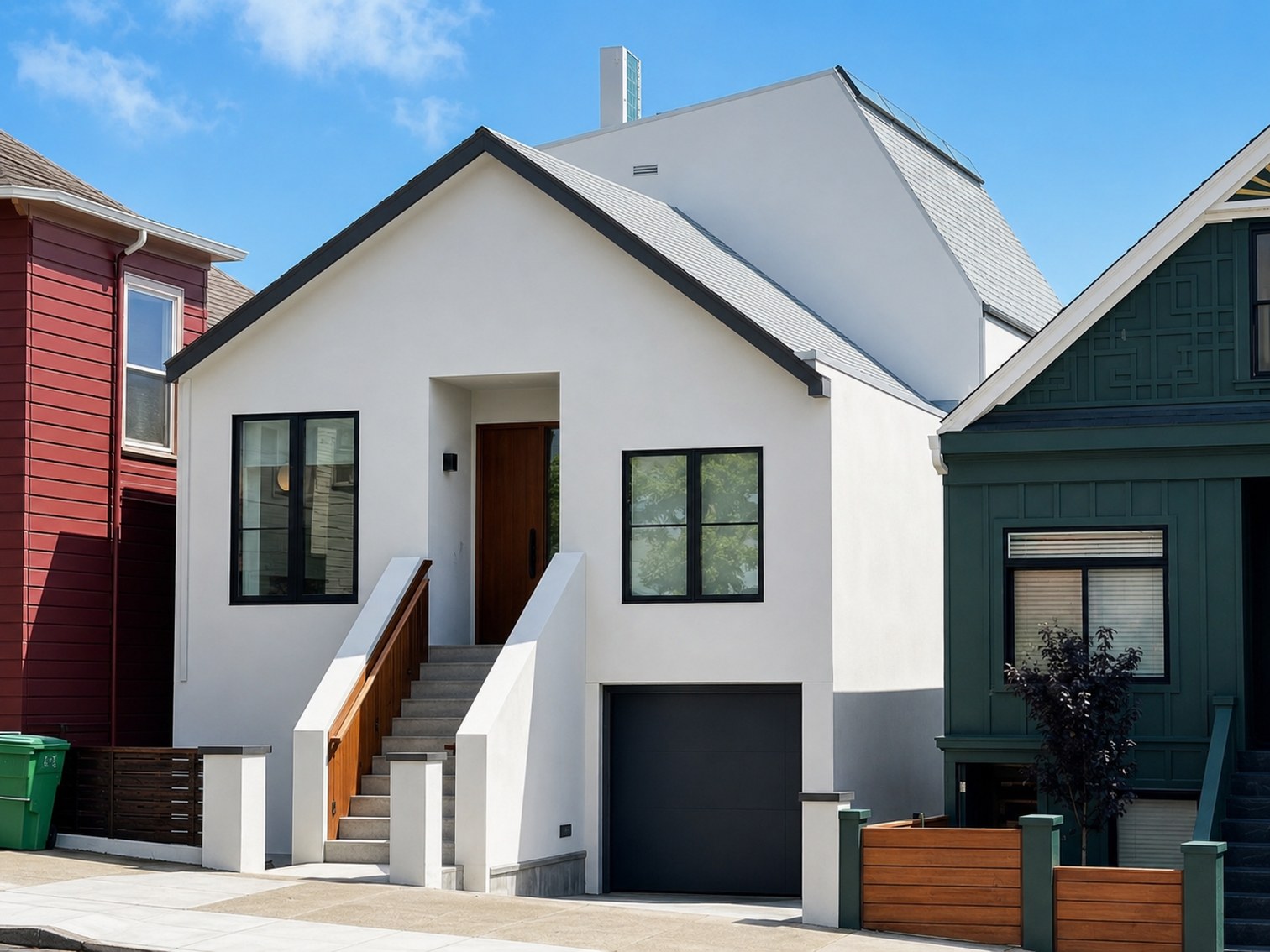 Wisconsin Street front exterior: a modern white-stucco volume with a peaked metal-clad roof and skylight, set beside a green craftsman neighbor.